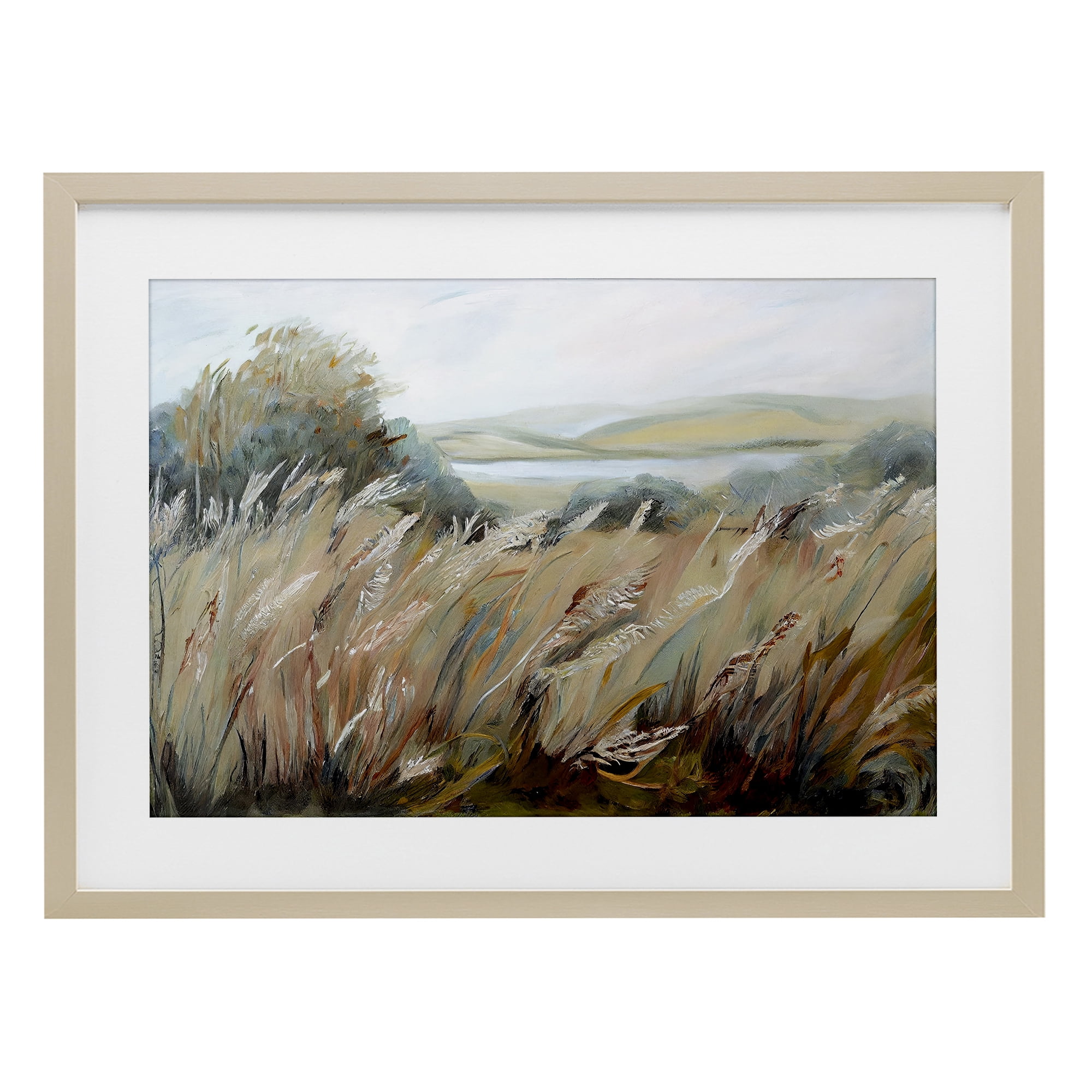 Windy Meadow Distortion Birch Framed Print Under Glass, design by Sasha