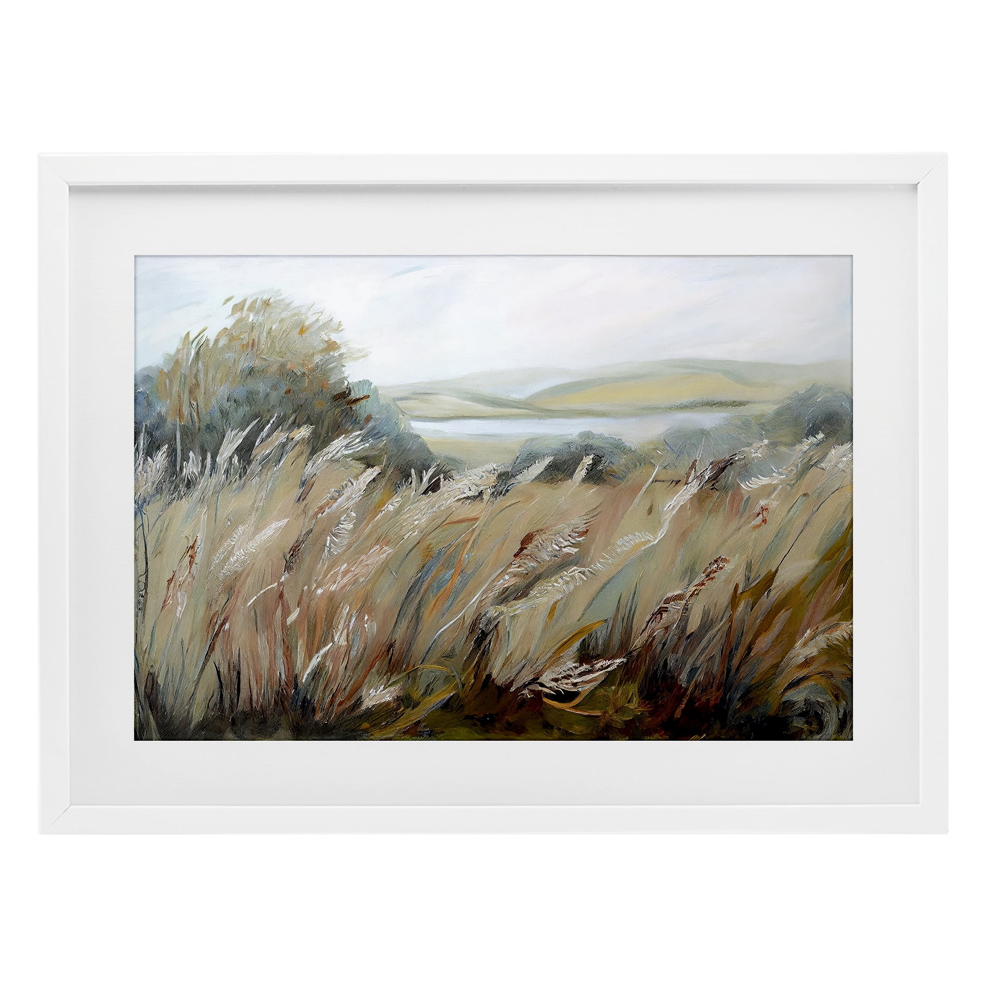 Windy Meadow Distortion White Framed Print Under Glass, design by Sasha