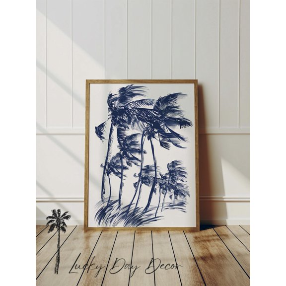Windy Palm Trees Wall Art Print, Navy Blue Coastal Sketch And Summer Beach Decor