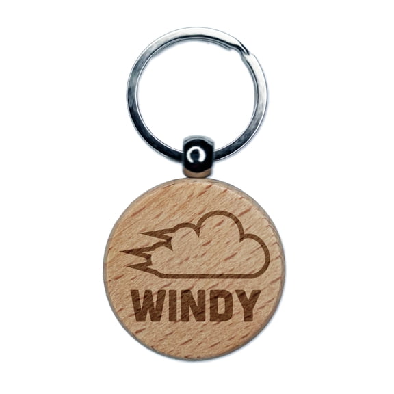 Windy Wind Weather Day Planning Round Keychain Charm Tag - Engraved Wood