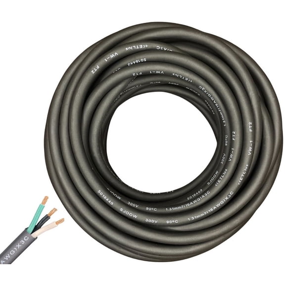 WindyNation 100 Feet 16/3 16 Gauge 3 Conductor Black SJOOW Cable