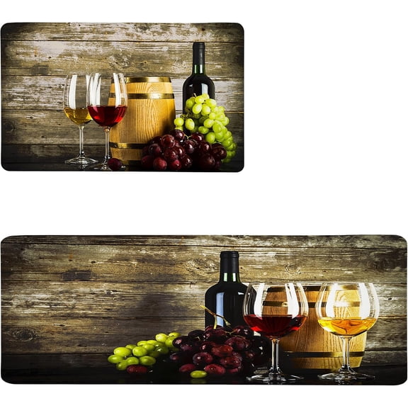 Wine 3D Kitchen Mat Anti-Fatigue Kitchen Rug Set Wine Grapes French Gourmet Tasting Washable Non-Slip Runner Rugs and Carpets for Home Office Laundry Room, 17.3x28+17.3x47 inch, 2 Piece