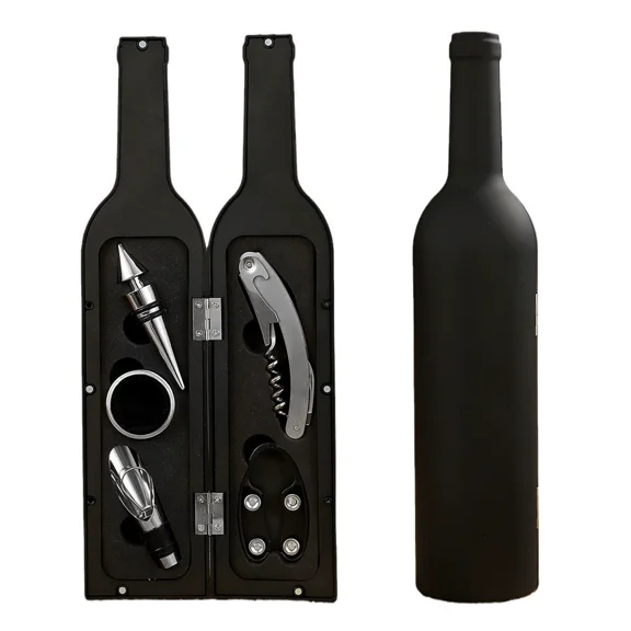 Wine Accessories Gift Set - Bottle Corkscrew Opener Kit, Drip Ring, Foil Cutter, Wine Pourer and Stopper in Novelty Bottle-Shaped Case - Valentine's Gift, Black
