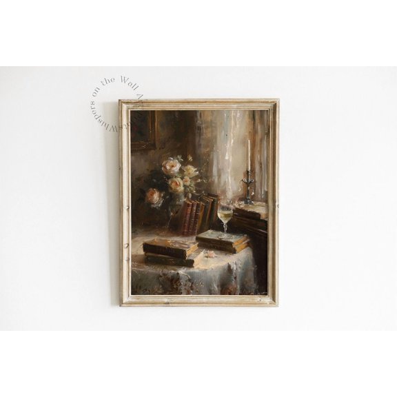 Wine And Books Art Bookish Decor Victorian Books Art Print Light Academia Decor Moody Wall Art