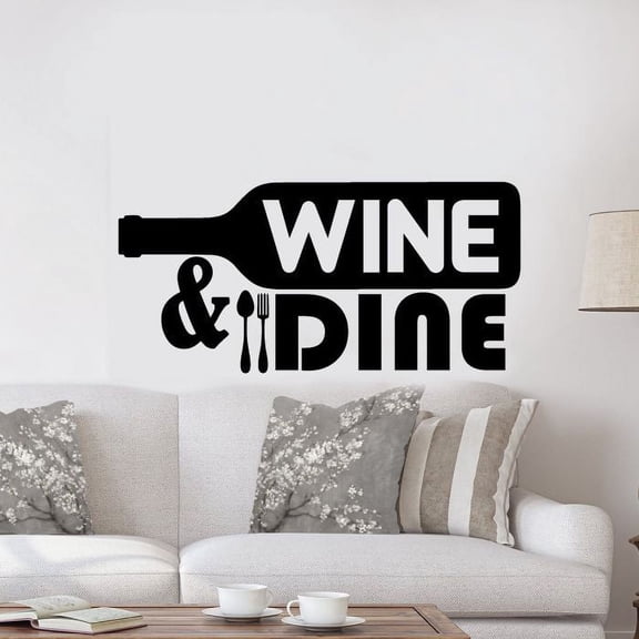 Wine And Dine Quote Signage Wine Bottle Silhouette Spoon And Fork Vinyl Wall Sticker Wall Art Wall Decal Home Bar Area Chill Wall Decoration House Home Decor Stickers Decoration Size (22x30 inch)