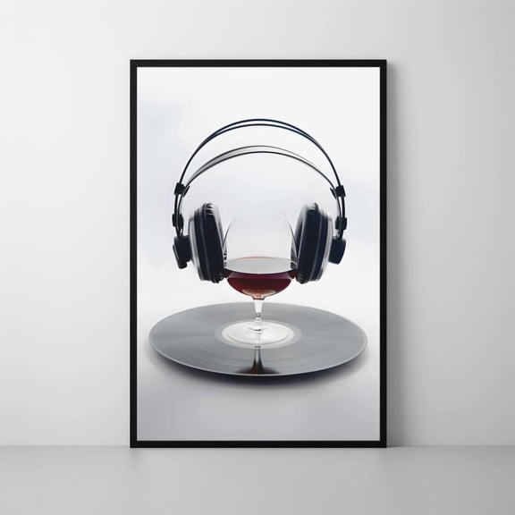 Wine And Music Art Poster Vinyl Record Headphones Poster, Poster Only
