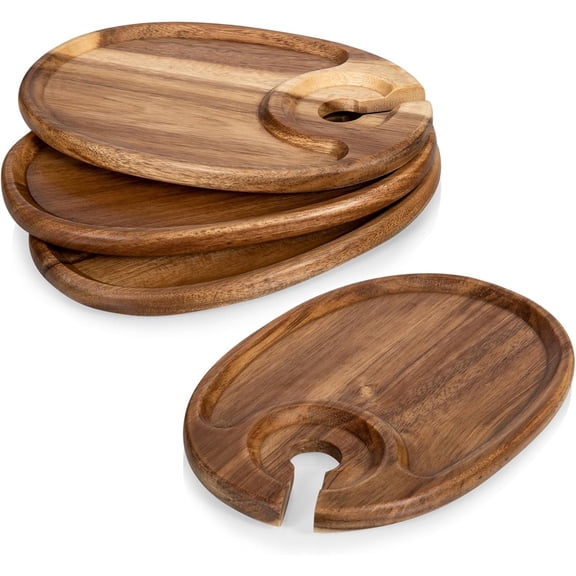 Wine Appetizer Plates, Cocktail Plate with Glass Holder, Cheese Board with Wine Holder, (Acacia Wood), 9 x 6, Set of 4
