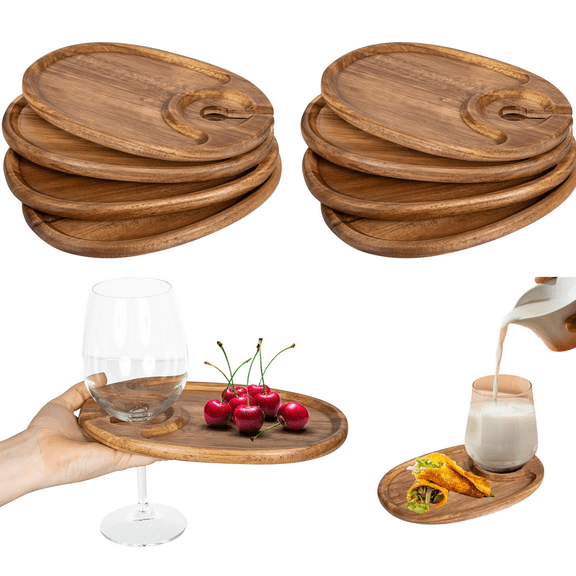 Wine Appetizer Plates, Cocktail Plate with Glass Holder, Cheese Board with Wine Holder, (Acacia Wood), 9 x 6, Set of 8