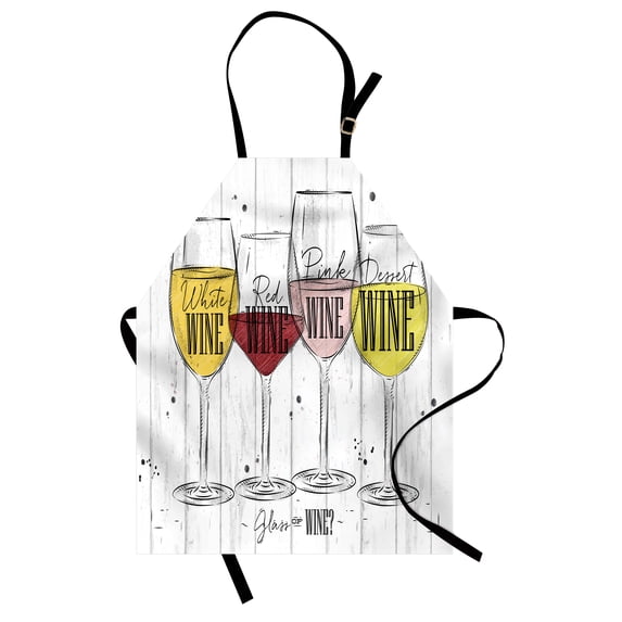 Wine Apron, 4 Main Types of Wine with Their Names Glasses Vintage Rustic Wood Backdrop Drawing, Unisex Kitchen Bib with Adjustable Neck for Cooking Gardening, Adult Size, Multicolor, by Ambesonne