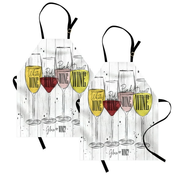 Wine Apron Pack of 2, 4 Main Types of Wine with Their Names Glasses Vintage Rustic Wood Backdrop Drawing, Unisex Kitchen Bib with Adjustable Neck, 2 Pcs - Adult Size, Multicolor, by Ambesonne