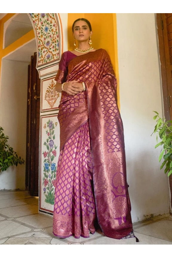 Wine Banarasi Silk Saree | Saree With Unstitched Blouse | Bollywood Saree | Traditional Saree | Party Wear Saree | Wedding Saree