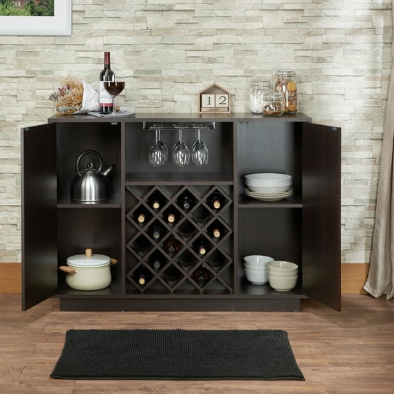 Wine Bar Cabinet with 2 Door, Home Coffee Cabinet with Stemware Rack, Kitchen Buffet Sideboard with Storage Shelf for Living Room, Dining Room, Espresso