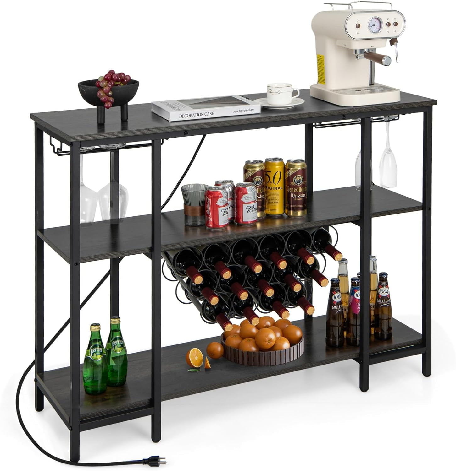 Wine Bar Cabinet, 3-Tier Home Mini Bar for Liquor w/Power Outlets, Glass Holder, Wine Rack, Anti-Tipping Kit, Metal Coffee Bar Table for Home Apartment Kitchen Living Room Pub (Black & Grey)