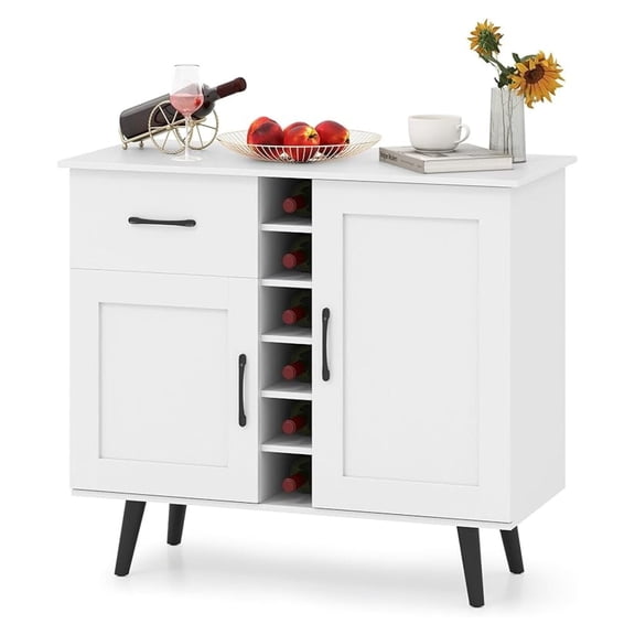 Wine Bar Cabinet, Buffet Sideboard with 2 Doors & 1 Drawer, 6-Bottle Wine Rack, Adjustable Shelves, Cupboard with Storage for Kitchen, Living Room, White