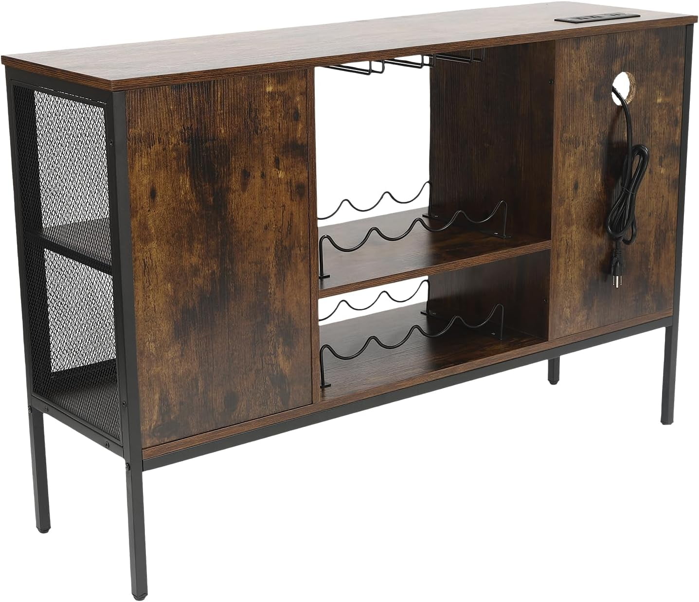 Wine Bar Cabinet with Built-in Outlets, Industrial Bar Cabinets for Liquor and Glasses, Farmhouse Mini Coffee Bar Liquor Cabinet Bar for Home with Removable Wine Racks, Brown