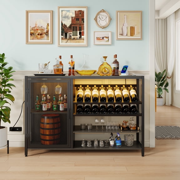 Wine Bar Cabinet with Charging Station, Industrial Coffee Bar Cabinet Farmhouse for Liquor and Glasses, 47.2" Sideboard Buffet Cabinet with Storage Rack for Home Kitchen Dining Room,Grey