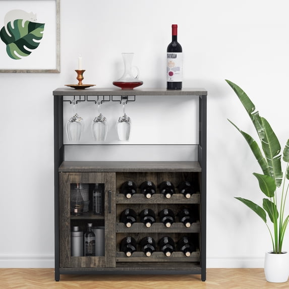 Wine Bar Cabinet with Detachable Wine Rack, Bar Rack Cabinet with Glass Holder and 1 Drawer, Mesh Door, Small Sideboard and Buffet Cabinet for Liquor and Glasses