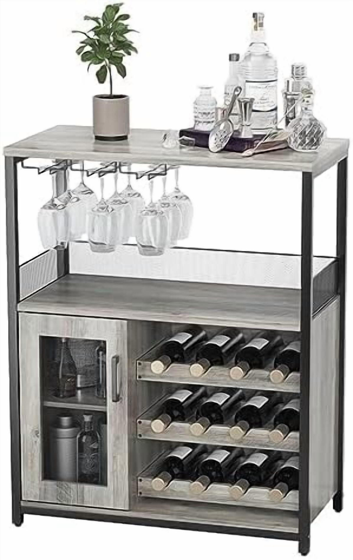 Wine Bar Cabinet with Detachable Wine Rack, Wood Bar Cabinet with Storage Space & Glass Holder, Mesh Door, Small Modern Buffet Sideboard for Liquor and Glasses