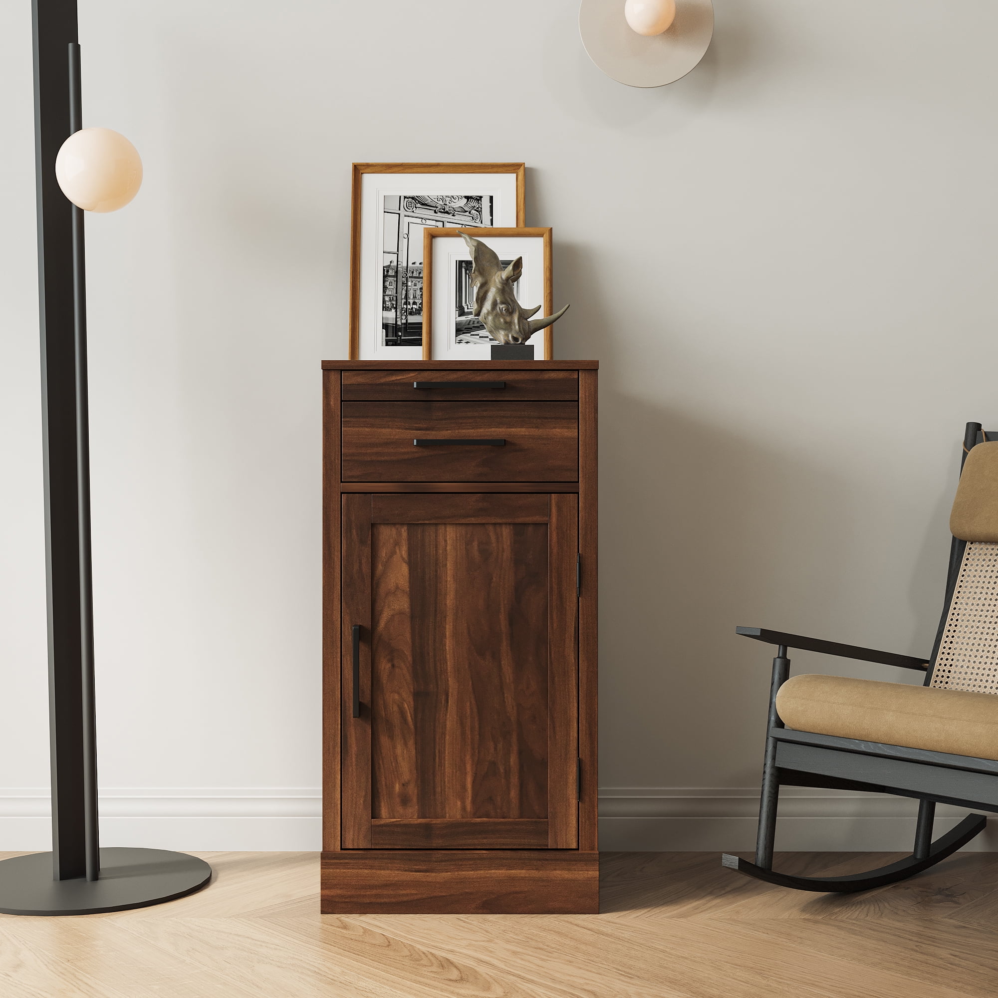 Wine Bar Cabinet with Hutch, Modular Storage Cabinet for Dining Room or Office with Drawer and Shelves, Brown Walnut Finish, Versatile Home Organization