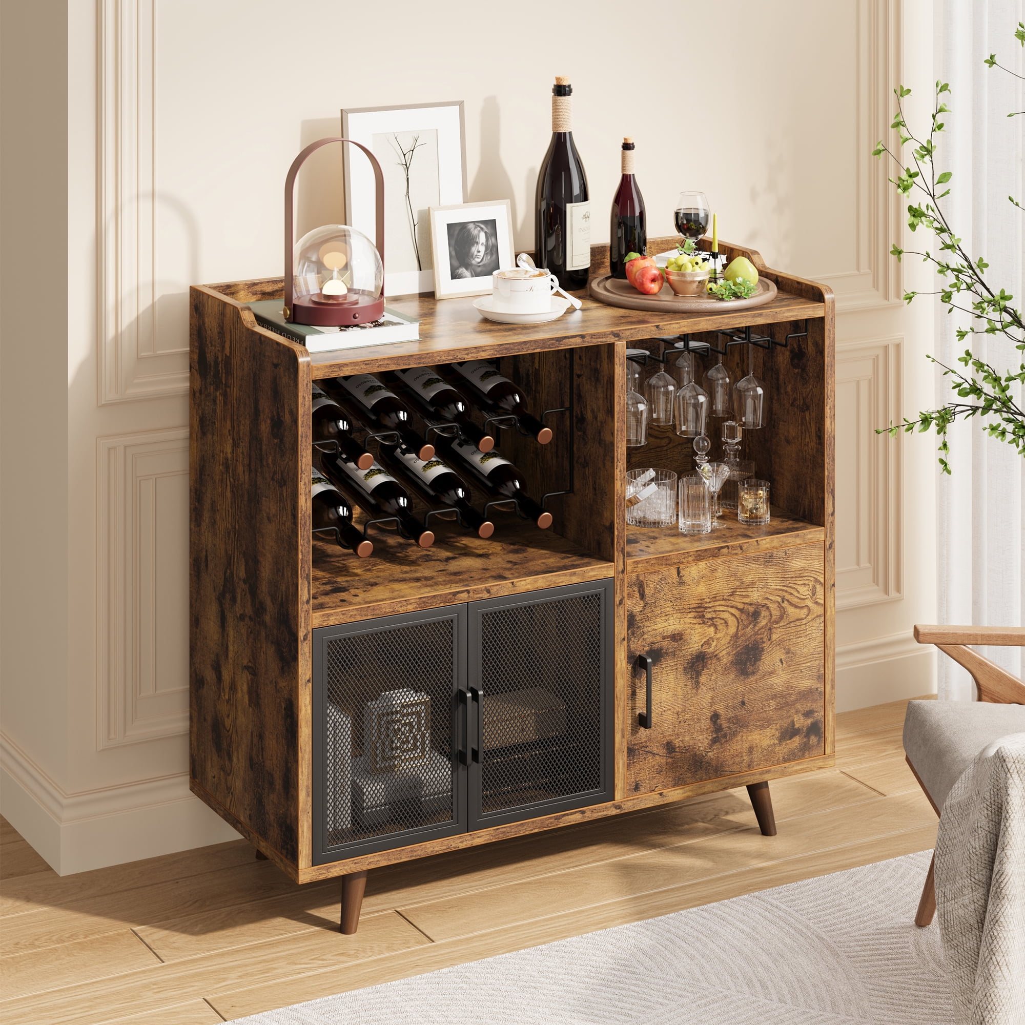 Wine Bar Cabinet, Industrial Liquor Coffee Bar Cabinet with Wine Rack ...