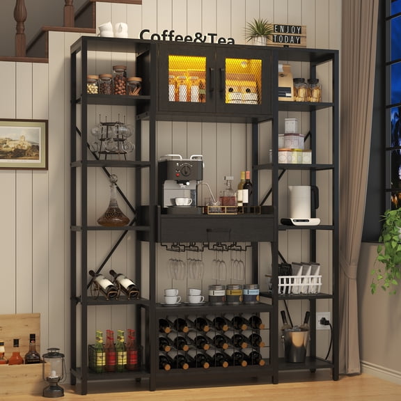 Wine Bar Cabinet with LED Light and Charging Station, Liquor Cabinet with Wine Holder and Wine Rock, Display Shelf Bar Cabinet with Drawer and Storage Cabinet, Brown