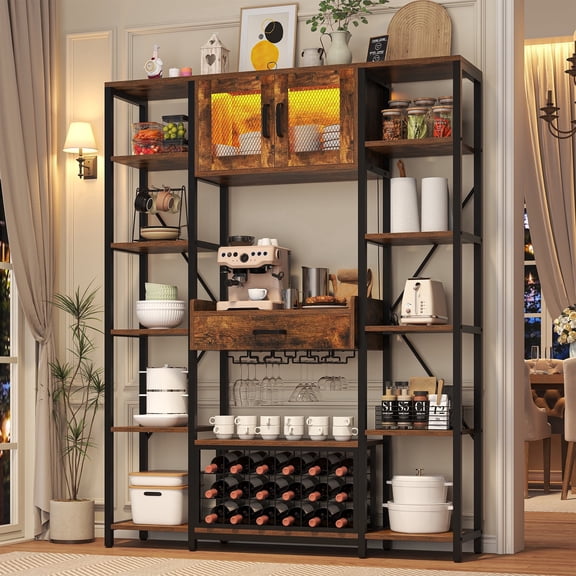 Wine Bar Cabinet with LED Light and Charging Station, Liquor Cabinet with Wine Holder and Wine Rock, Display Shelf Bar Cabinet with Drawer and Storage Cabinet, Brown