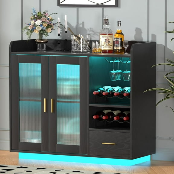 Wine Bar Cabinet with LED Light, Floating Coffee Cabinet with Wine and Glass Rack, Kitchen Buffet Sideboard with Glass Doors and Drawer, Modern Liquor Cabinet for home, Kitchen, Living Room, Black