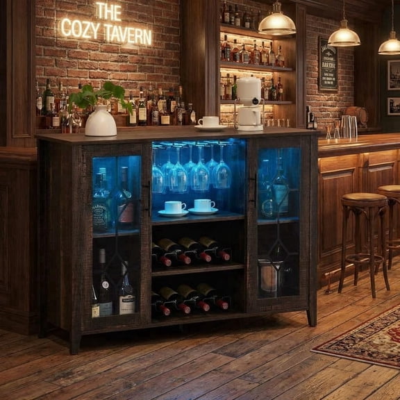 Wine Bar Cabinet with LED Light, Glass Door Liquor Cabinet with, Coffee Bar Table with Storage and Wine Rack, Liquor Sideboard with Adjustable Shelves for Living Room, 47.2 Inches, Rustic Brown