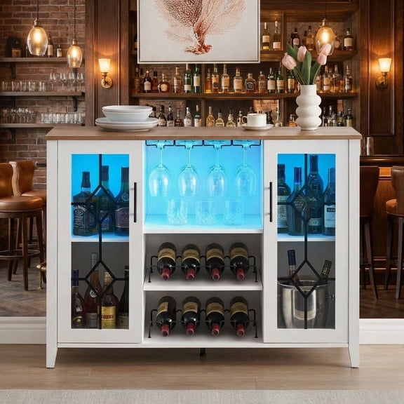 Wine Bar Cabinet with LED Light & Glass Door, 47.2 Inch Liquor Cabinet with Wine Rack and Adjustable Shelves, White Coffee Bar Sideboard for Living Room Storage