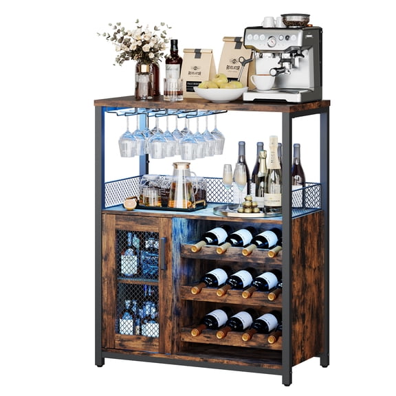 Wine Bar Cabinet with LED Lights 3-Tier Liquor Storage Sideboard Detachable Wine Rack Glass Holder Mesh Doors for Living Room Dining Room Kitchen Black/Gold/Vintage