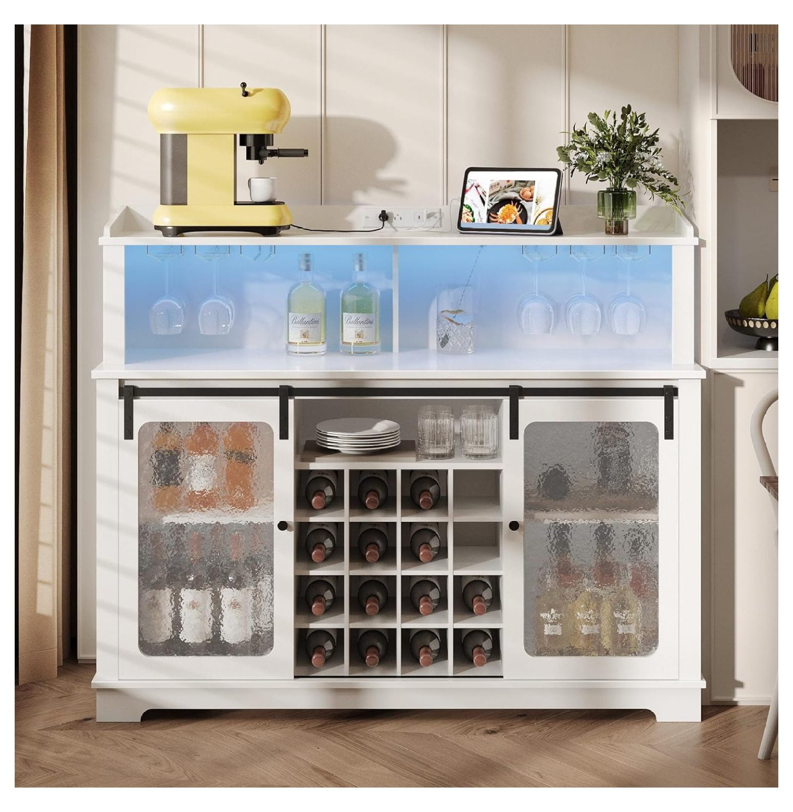 Wine Bar with LED Lights, 55" Coffee Liquor with Power Outlets, Adjustable