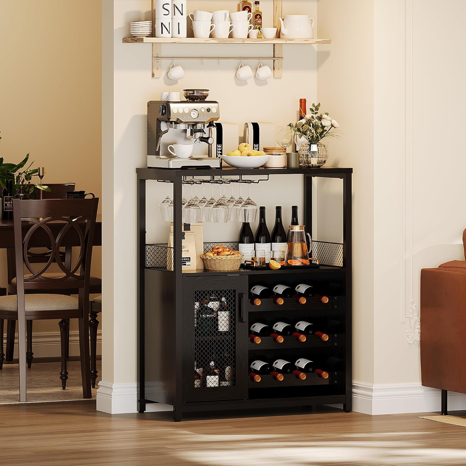 Wine Bar Cabinet with LED Lights, Adjustable Shelves Wine Cooler