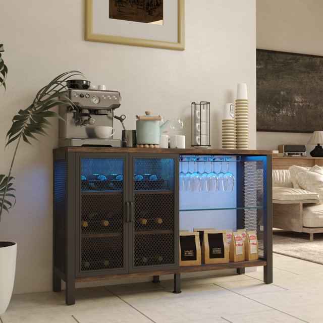 Wine Bar with LED Lights, Coffee Bar with Power Outlets