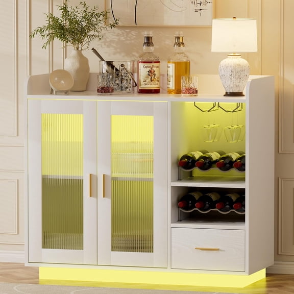 Wine Bar Cabinet with LED Lights, Floating Coffee Bar Cabinet with Wine and Glass Rack, Kitchen Buffet Sideboard with Glass Doors and Drawers for Dining Room, White