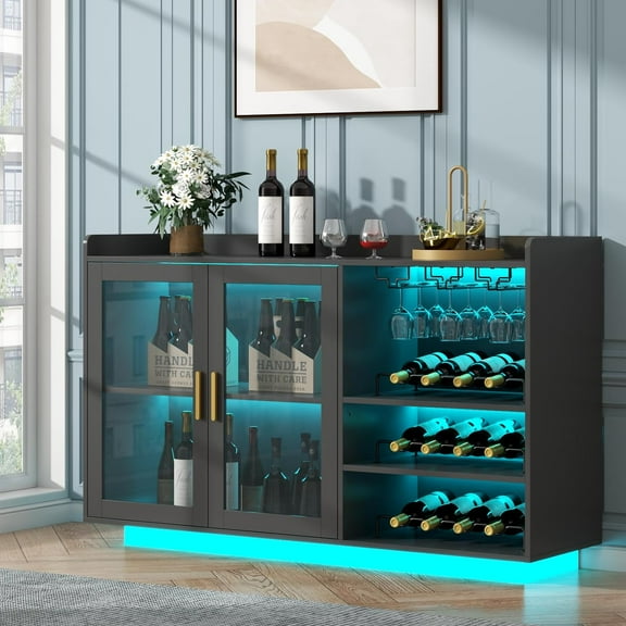 Wine Bar Cabinet with LED Lights, Floating Coffee Bar with Glass Rack and Removable Wine Racks, Modern Buffet Sideboard with Storage Shelves, Kithchen Bar with Glass Cabinet Doors