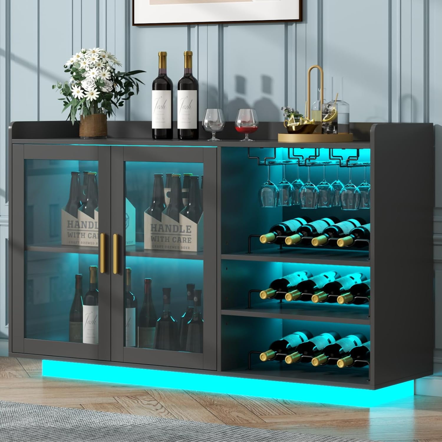 Wine Bar Cabinet with LED Lights, Floating Coffee Bar with Glass Rack ...