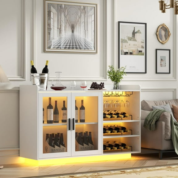 Wine Bar Cabinet with LED Lights, Floating Coffee Bar with Glass Rack and Removable Wine Racks, Modern Buffet Sideboard with Storage Shelves, Kithchen Bar with Glass Cabinet Doors