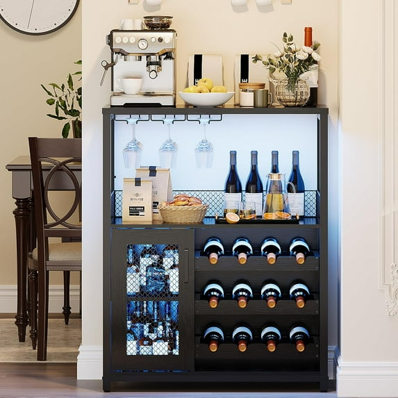 Wine Bar Cabinet with LED Lights, Liquor Storage Cabinet with Detachable Wine Rack, Glass Holder & Mesh Door, Small Coffee Buffet Sideboard for Dining Room, Kitchen, Living Room, Black