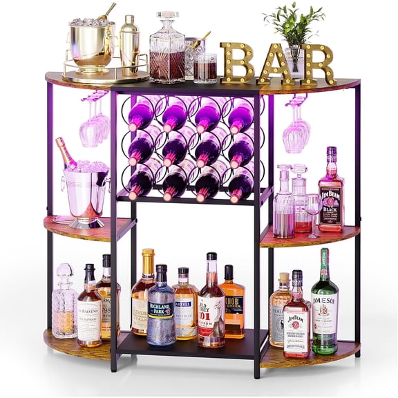Wine Bar Cabinet with LED Lights, Mini Wine Bar Cart with Storage and Glass Holder, Home Bar Coffee Bar for Liquor, 3-Tier Bar Table for Kitchen, Dining Room, Living Room