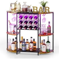 Wine Bar Cabinet with LED Lights, Mini Wine Rack with Storage and Glass Holder, Home Bar Cart for Liquor, 3-Tier Bar Table for Kitchen, Dining Room, Living Room, Rustic Brown