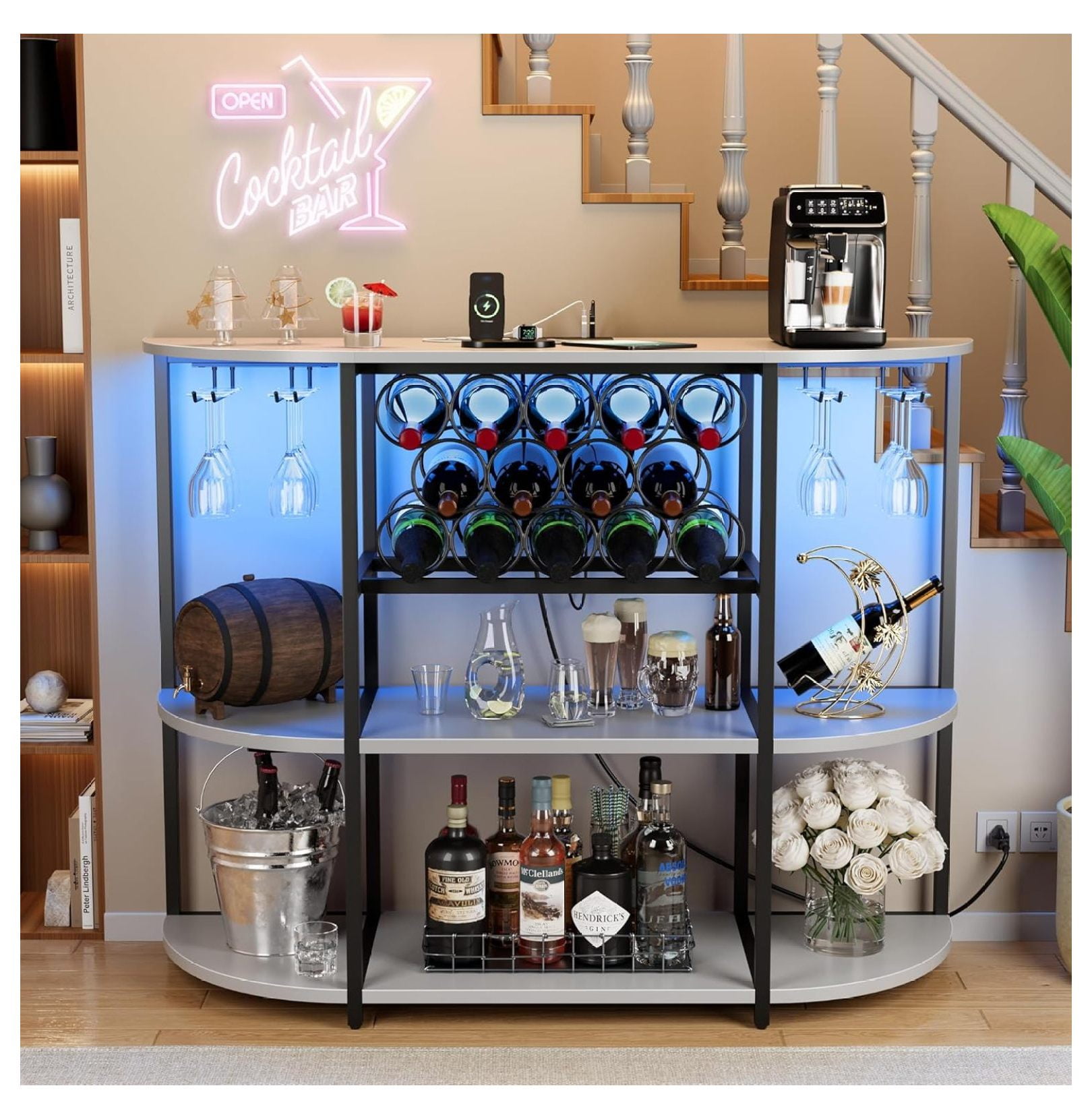 Wine Bar Cabinet with LED Lights and Power Outlets, Freestanding Coffee Liquor Bar Cabinet with Glass Holder, Wine Rack Table for Home Kitchen Dining Room (White)