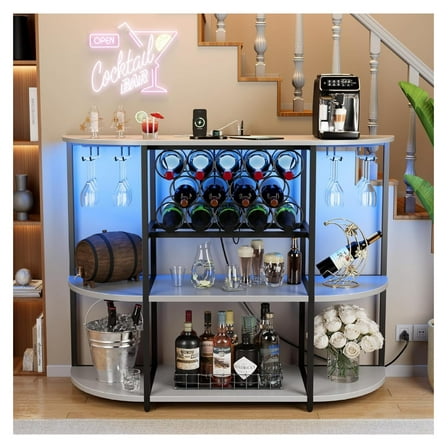 Wine Bar Cabinet with LED Lights and Power Outlets, Freestanding Coffee Liquor Bar Cabinet with Glass Holder, Wine Rack Table for Home Kitchen Dining Room (White)
