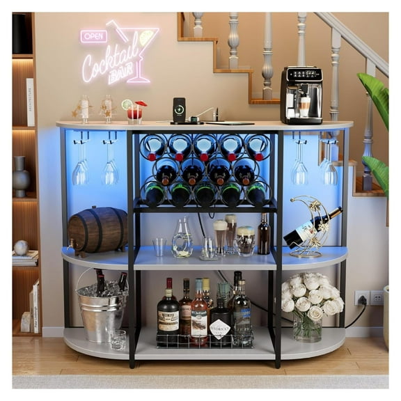 Wine Bar Cabinet with LED Lights and Power Outlets, Freestanding Coffee Liquor Bar Cabinet with Glass Holder, Wine Rack Table for Home Kitchen Dining Room (White)