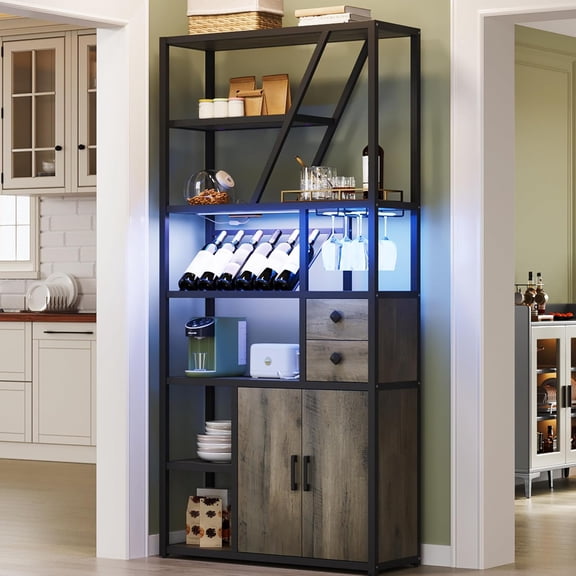 Wine Bar Cabinet with LED Lights and Power Outlets – Tall Coffee Bar Station with Wine Rack, Kitchen Microwave Stand and Bakers Rack – Stylish Cabinet for Living Room, Home Bar, Grey