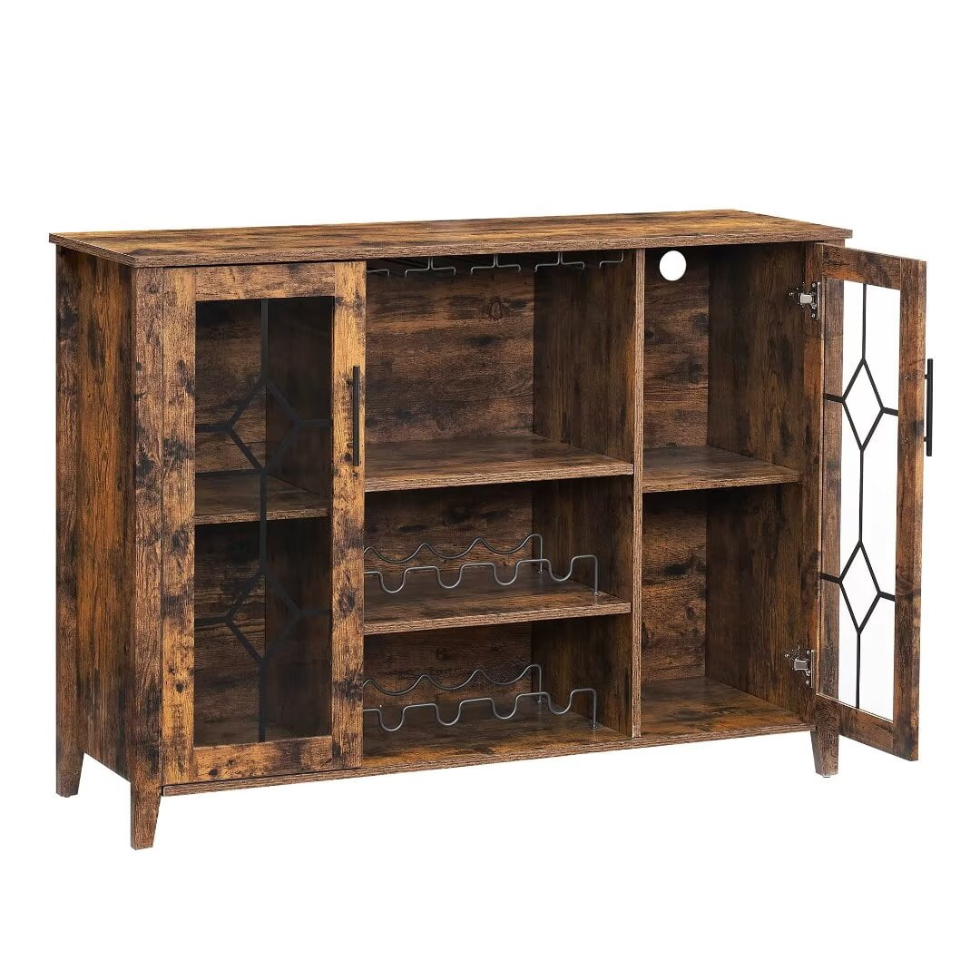 HOOBRO Wine Bar Cabinet With LED Lights & Power Outlets - Rustic Brown Kitchen Bar Table