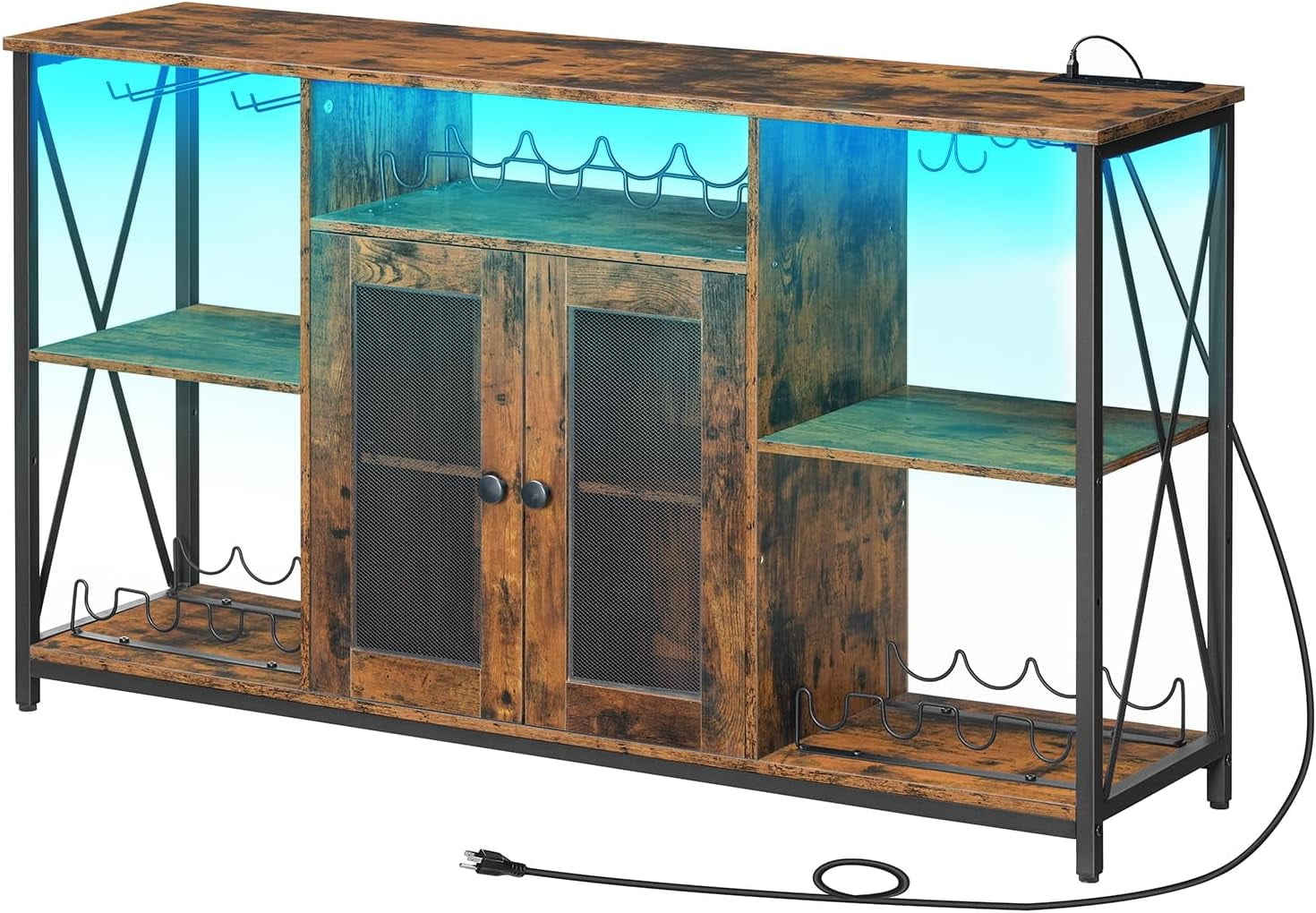 Wine Bar with Led Lights and Power Outlets, Coffee Bar for Glasses, Sideboard