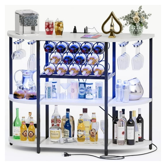 Wine Bar Cabinet for Liquor Bar Table Bar Cabinet with Lights and Outlet 4-Tier Storage Freestanding Wine Racks with Glass Holder Mini Bars for Home, Bar White