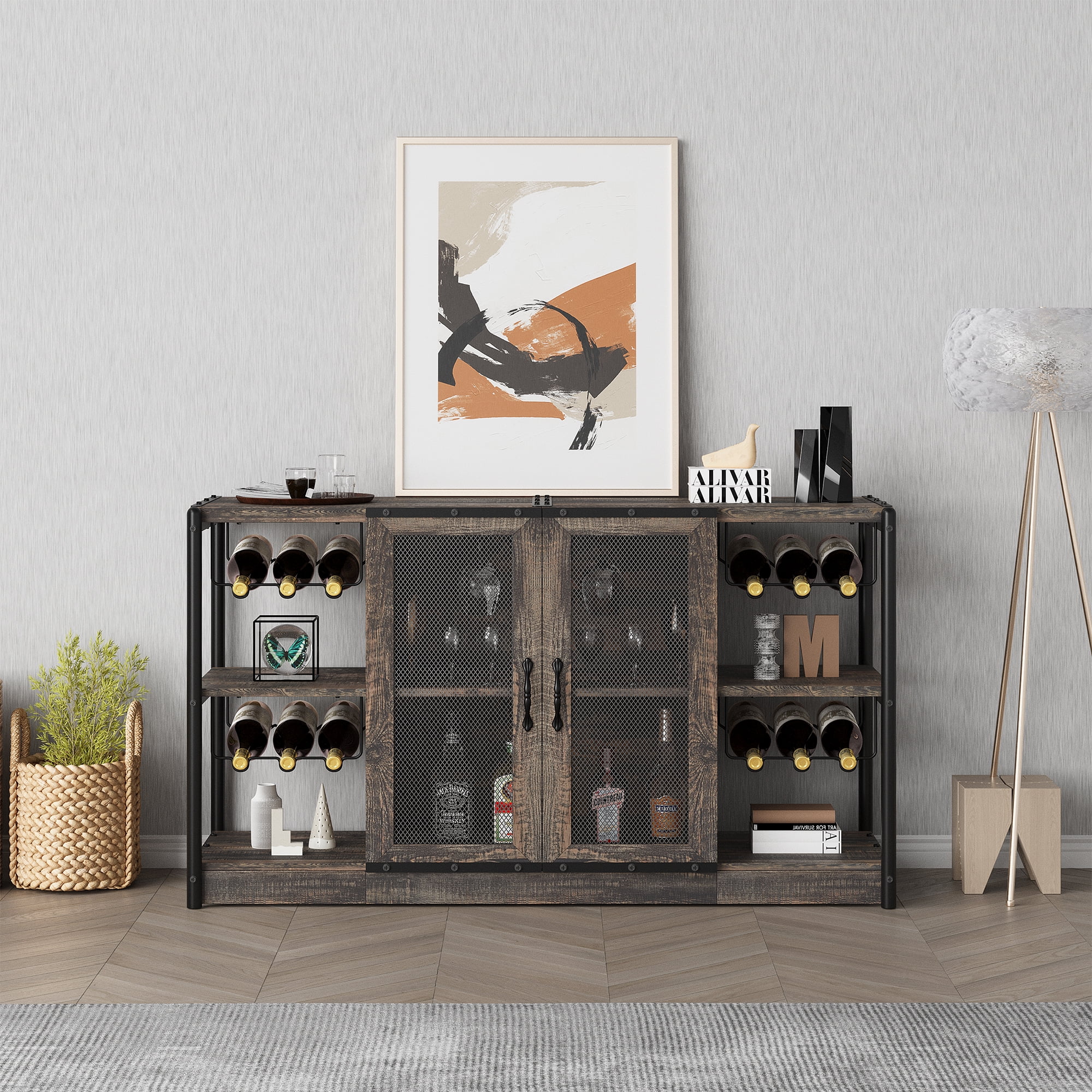 Wine Bar Cabinet, Liquor Wine Cabinet with Wine Rack and Glass Holder