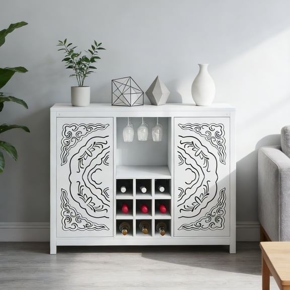 Wine Bar Cabinet, MDF Particle Board Buffet Storage with 9 Slot Wine Rack and Glass Holder, 2 Side Cabinets for Living Room Dining Room Kitchen