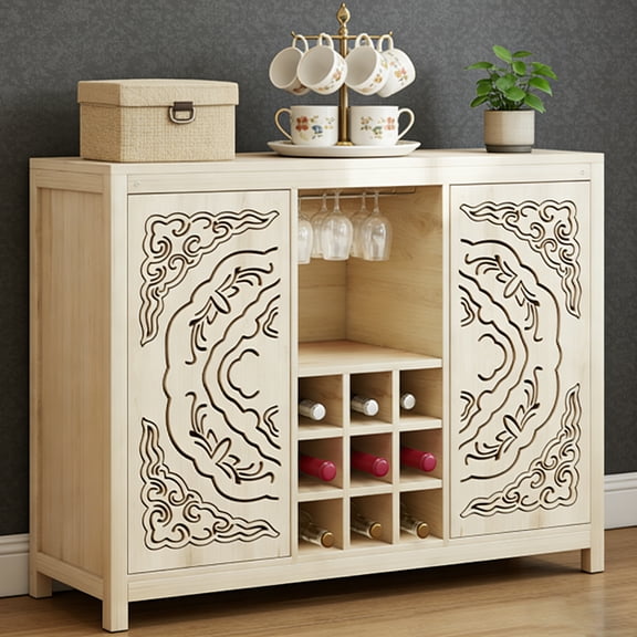 Wine Bar Cabinet, MDF and Particle Board Buffet Storage with 9 Slot Wine Rack and Glass Holder, for Living Room Dining Room Kitchen